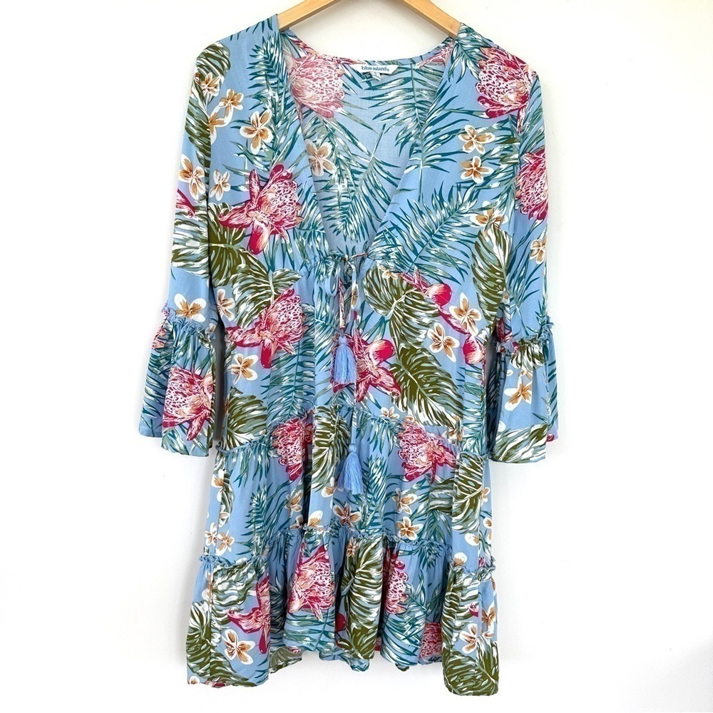 Blue  Island swim coverup or beach dress, 3/4 length sleeves, ruffled